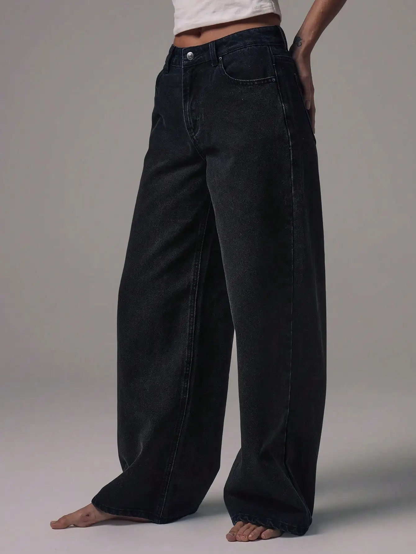 

Mid Waist Wide Leg Black Wash Denim Jeans Button Fly Loose Fit Casual