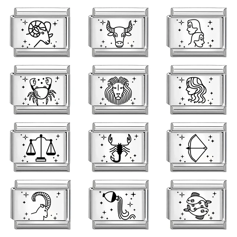 WG 1pc Twelve Zodiac Signs Italy Modular Bracelet Charm Connectable Links For DIY Simple Black and White Modular Jewelry