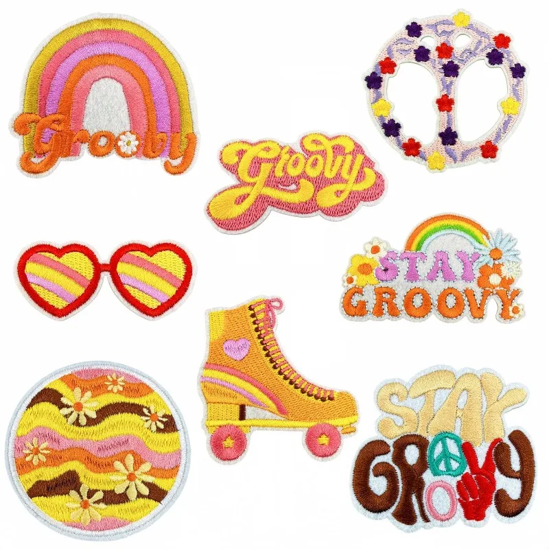 Orange Yellow Heart-shaped Sunglasses with Rainbow Sew Iron-on Embroidery Patch Stickers DIY Clothes T-shirt Hat Bags Decoration