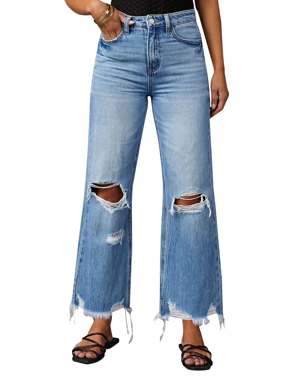 Jeans jeans de perna larga feminino, calça casual com comprimento do tornozelo, buracos lavando bolsos soltos, básico de borla, cor sólida, primavera