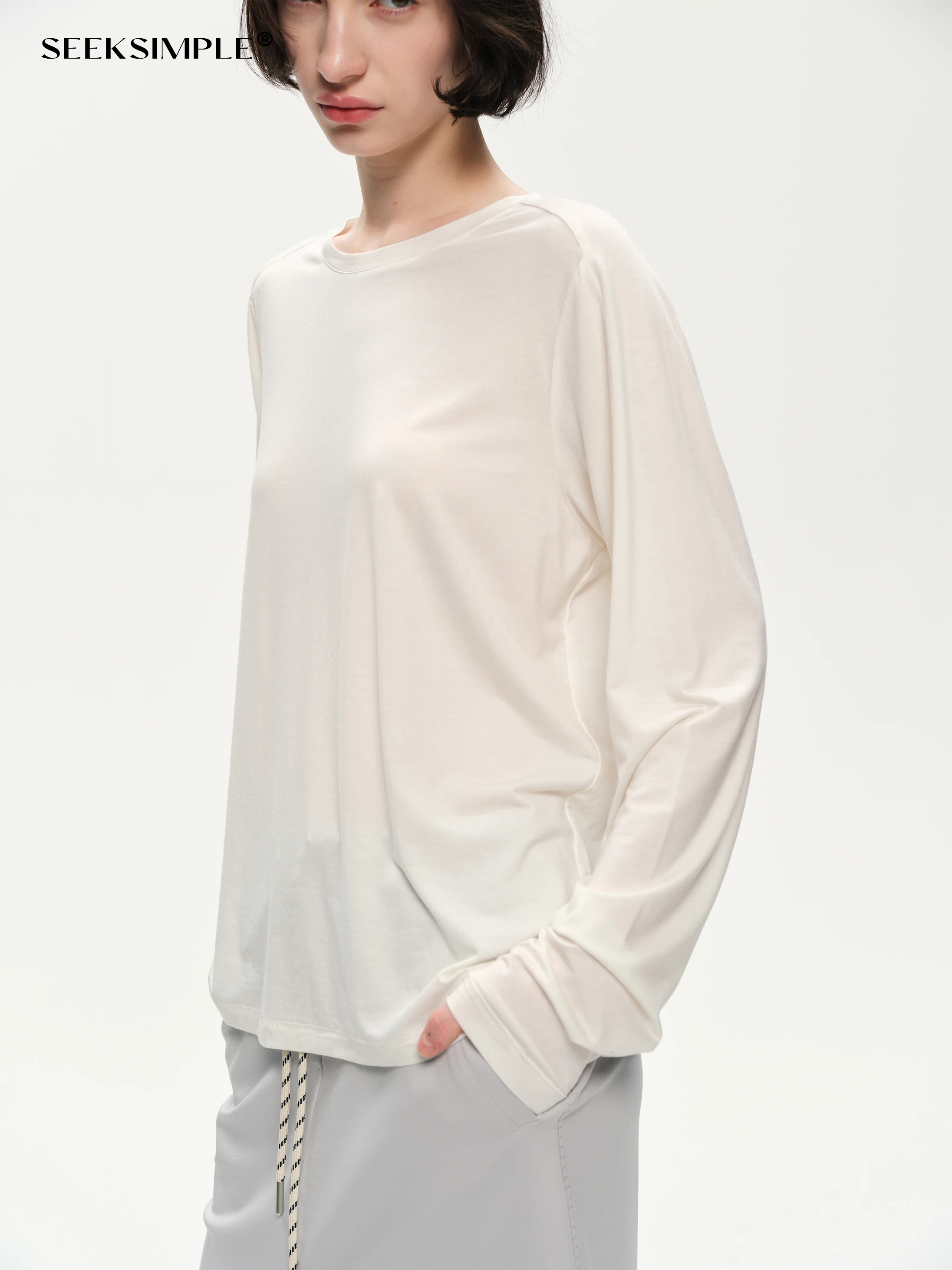 

SeeSimple дышащая футболка свободного покроя с маской Long Sve, женская повседневная футболка Sle Dry Fast Pure Color oulder Sve Structure De...