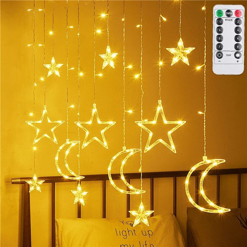 Cortina LED Garland String Light, Islã muçulmano, Eid Al Adha Mubarak, Ramadã, Lua, Estrela, Luzes de Fadas, Casa, Festa, Decoração de Eventos