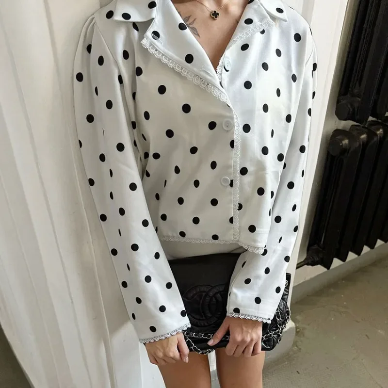 

Vintage Polka Dot Shirt Women Fashion Vintage Print Contrast Collar Blouse Elegant Commuter Streetwear New Female Shirt