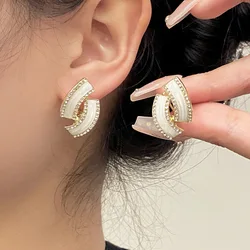 Irregular Geometry Cross Arc Oval Stud Earrings for Women Classic White black Enamel Oil Crystal Earrings Fashion Jewelry