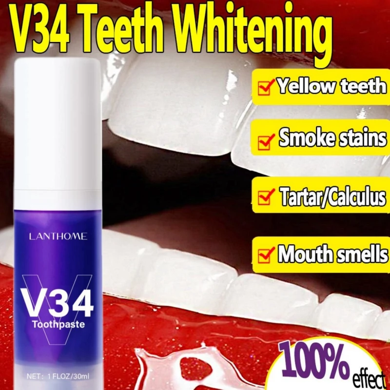 Creme dental branqueador de dentes roxos V34 Pro Remoção de sorriso Corrector de mancha de placa, Cuidado do esmalte, fácil de reduzir amarelecimento, Oral Clean Care