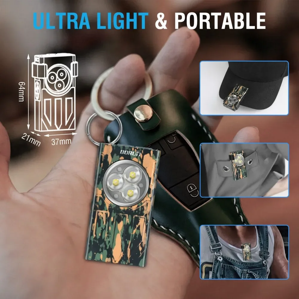 BORUiT V7 1100Lumens UV LED EDC Keychain Flashlight Type-C Rechargeable Work Light Torch with Magnet Clip Camping Pocket Lantern