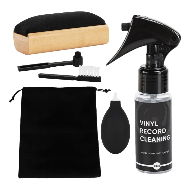 7 في 1 طقم تنظيف سجل الفينيل للأقراص الدوارة مقبض خشبي فرشاة مخملية منفاخ الهواء أنماط فرشاة حقيبة التخزين