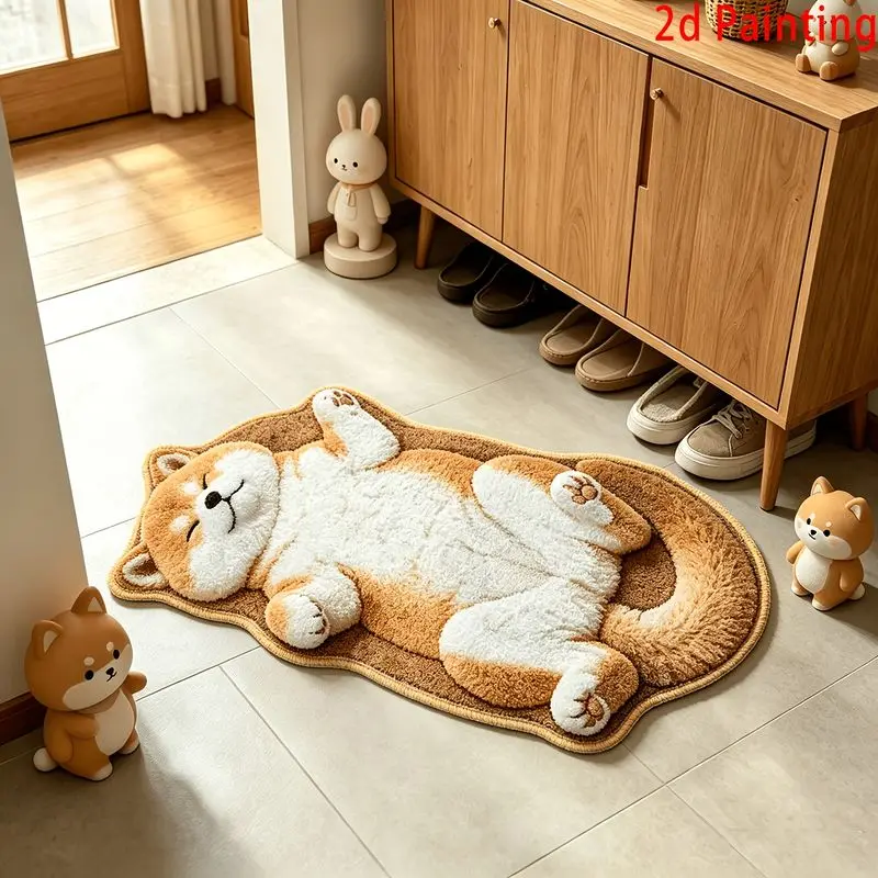 VIKAMA Simulation Reclining Shiba Inu Shaped Plush Long Carpet Foyer Bathroom Living Room Cute Cartoon Home Floor Mat