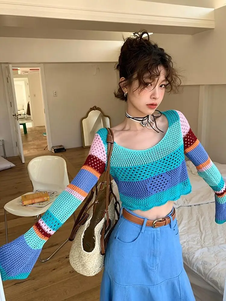 

Полосатый полый вязаный топ, женский весенне-летний топ, женский свитер с длинными рукавами, женская одежда, верхняя одежда Y2k