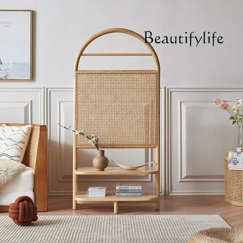 Nordic solid wood seat screen Japanese rattan screen removable retro entrance door blocking rack