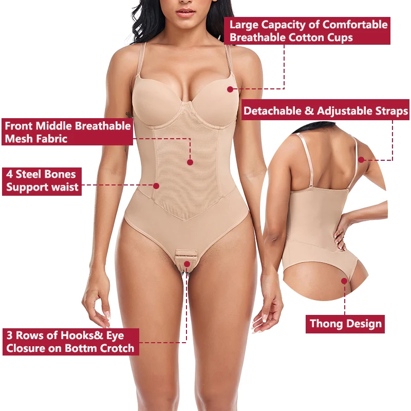 Sexy Built-in Bra Thongs Bodysuit Shapewear Women Mesh Body Shaper with 4 Steel Bones Slim Tummy Control Underwear Mesh Corset