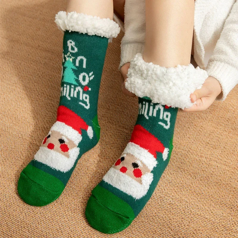 Women's Christmas Fuzzy Long Socks Winter Thermal Soft Knitted Non-Slip Floor Socks Indoor plus Fleece Warm Home Wear