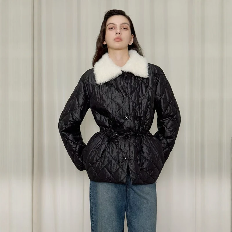 Elegant Korean Style Winter Cotton Jacket Lamb Fur Trimmed Waist Cinched Turn-down Collar Diamond Patterned Belted Coat