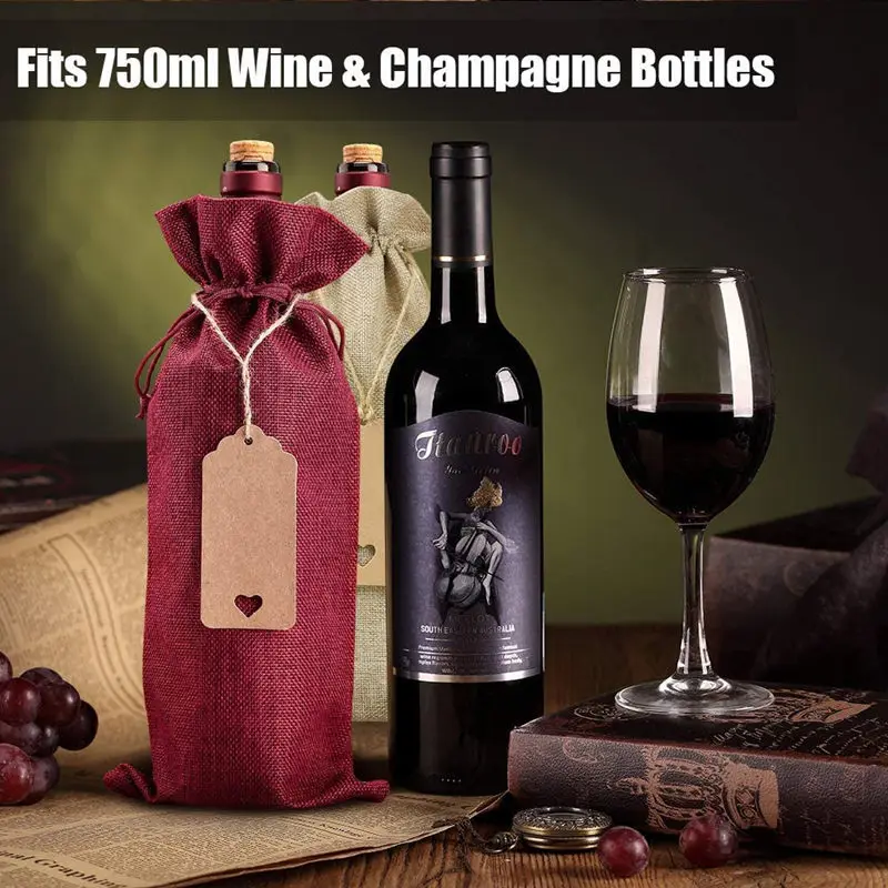 

12 Sets Christmas Red Wine Bottle Covers Party Gift Bag Drawstring Bag Champagne Bottle Wrapping Bags with Linen Rope Tags