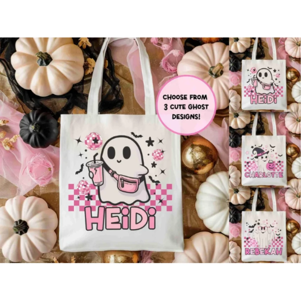 حقيبة خدعة أو حلوى مخصصة مع شبح وردي لطيف، هدية مخصصة للهالوين، حقيبة الهالوين للأطفال خدعة اسم مخصص