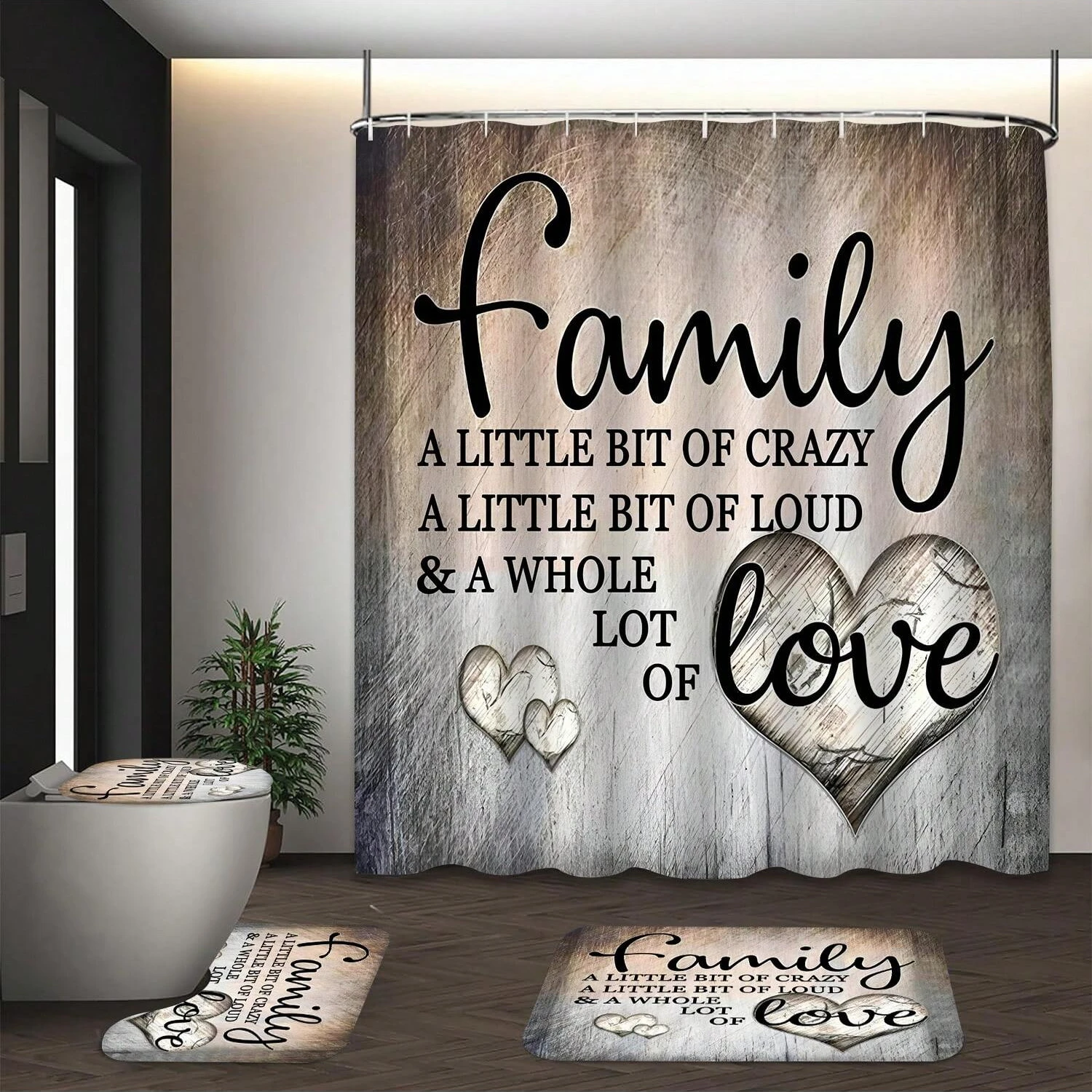 4Pcs Family Inspirational Quote Shower Curtain Set, Family A Little Bit Of Crazy A Little Bit Loud A Whole Lot Of Love Bathroom