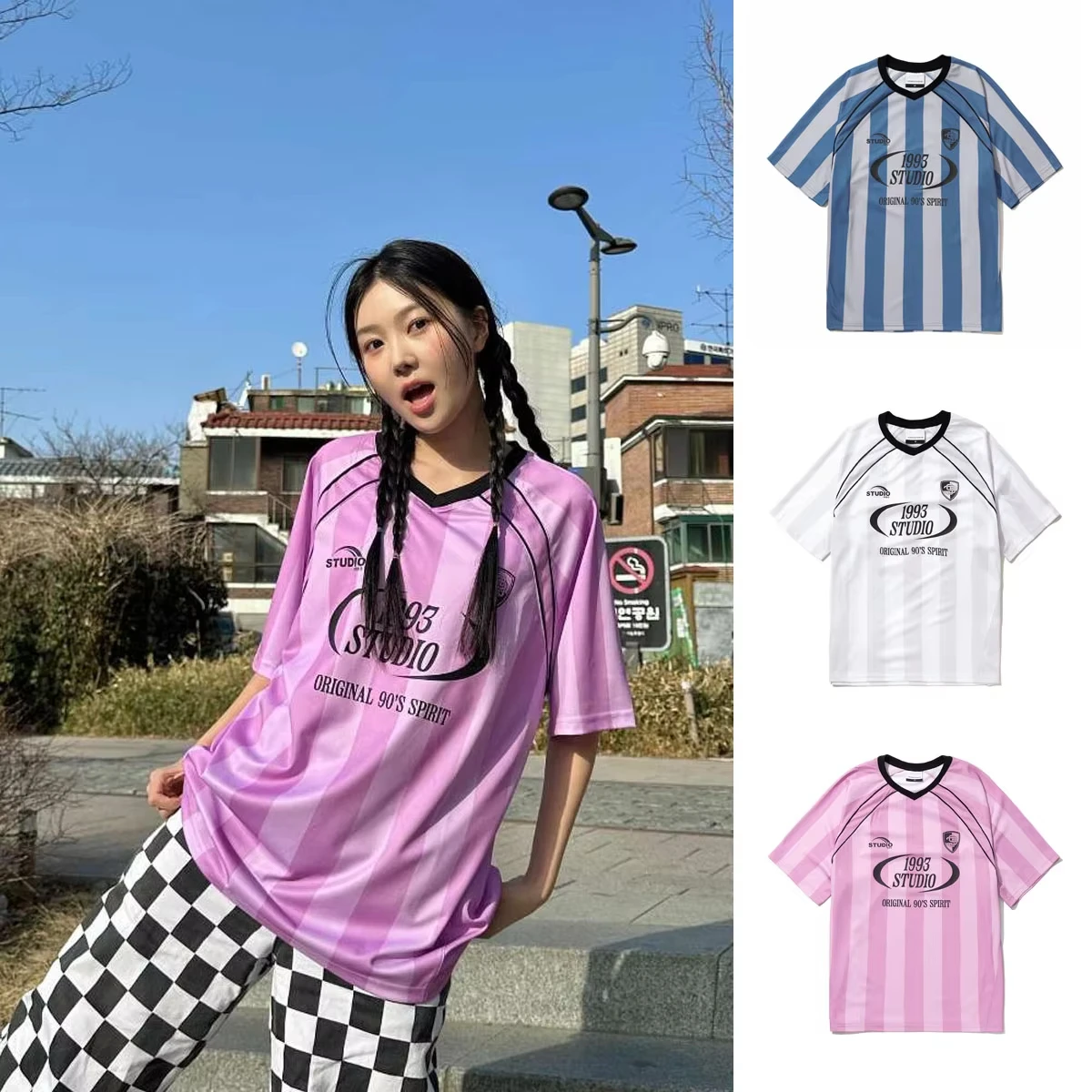 

Модный полосатый футбольный трикотаж с v-образным вырезом, летняя женская спортивная футболка с короткими рукавами, топ в корейском стиле, быстросохнущая футболка в стиле Харадзюку