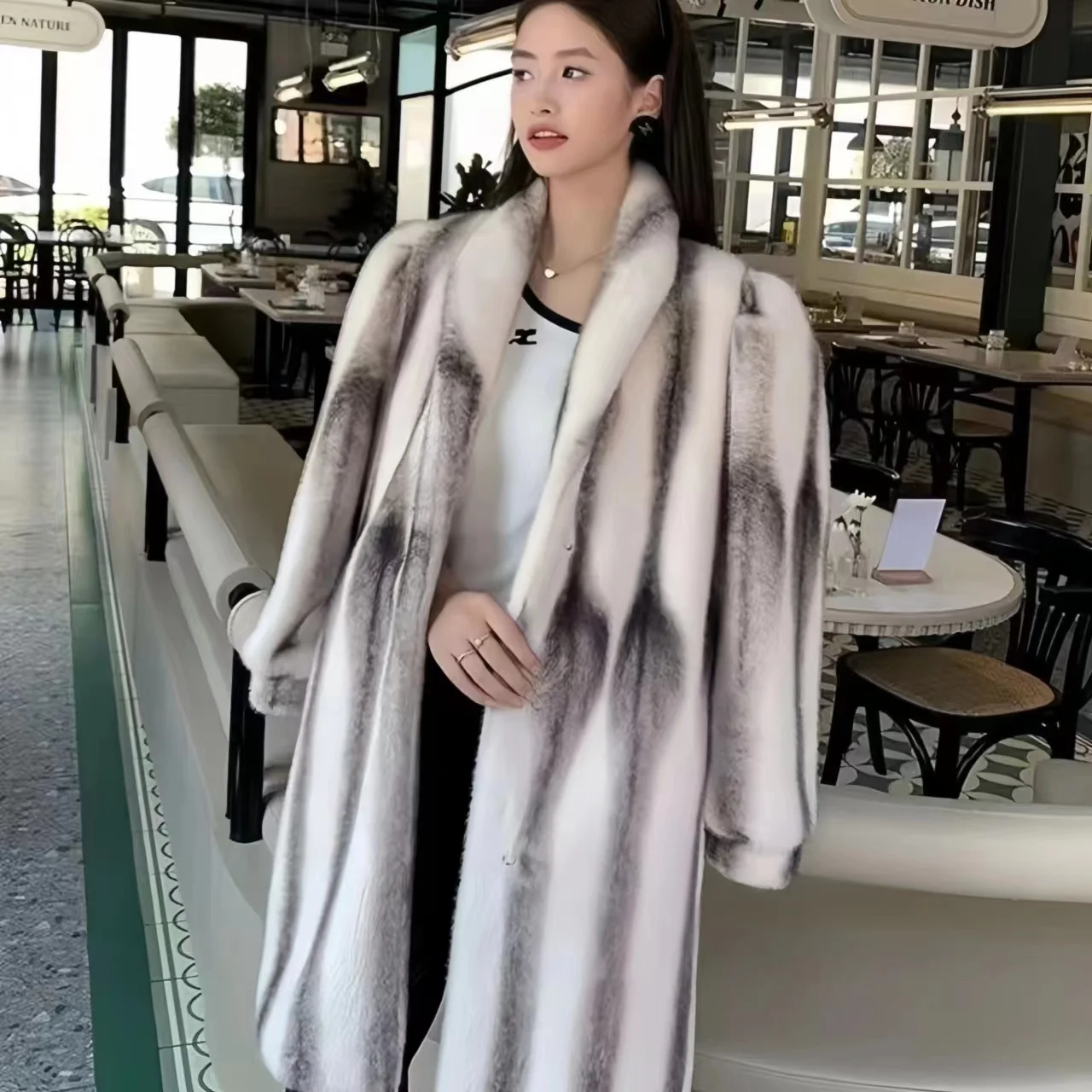 Faux Mink Fur Coat for Women,Covered Button Jacket,Spliced Outwear, V-Neck,Thick Furry, Casual,Autumn and Winter, 2024