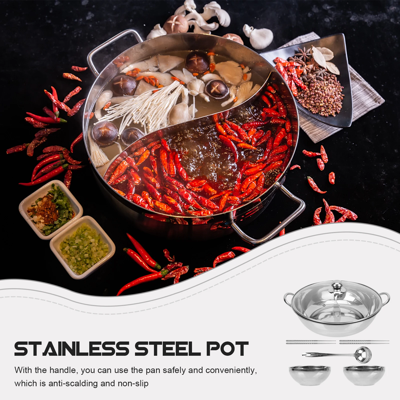 

Double Flavor Hot Pot Divider Pan Stainless Steel Cookware Divided for Soup Multi-functional Suitable for Gas Induction
