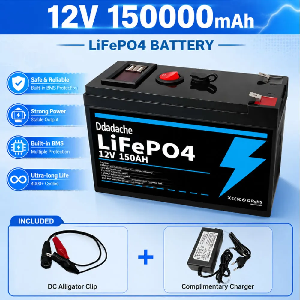 12V Lithium-Batterie 150Ah LiFePO4 4000+ Deep Cycles, integriertes BMS, 10 Jahre Lebensdauer, für USV, Kajak-Fischfinder, Solarmodul, Radio