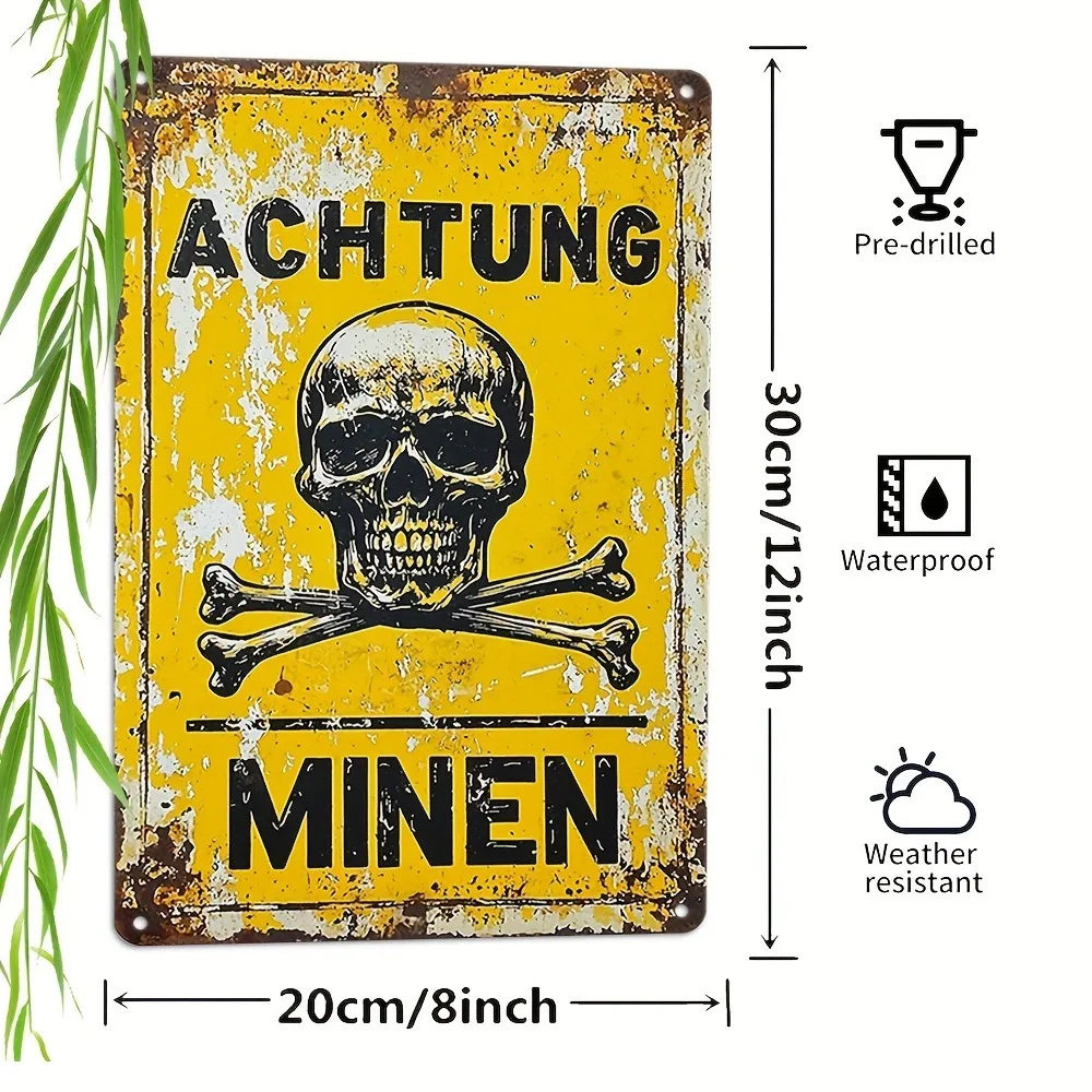 Achtung Minen Skull Crossbones Tin Sign - Vintage Durable Metal Plaque Wall Decor, Home Office Bar Man Cave Wall Art