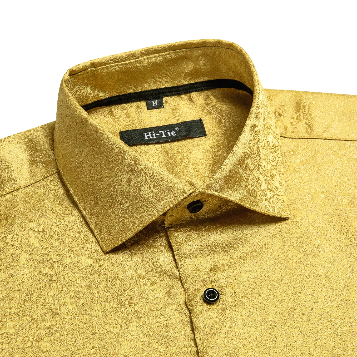 Hi-Tie Luxury Silk Men\'s Shirts Long Sleeve Slim Fit Lapel Shirt For Men Gold Green Blouse Hawaii Beach Wedding Business Gifts