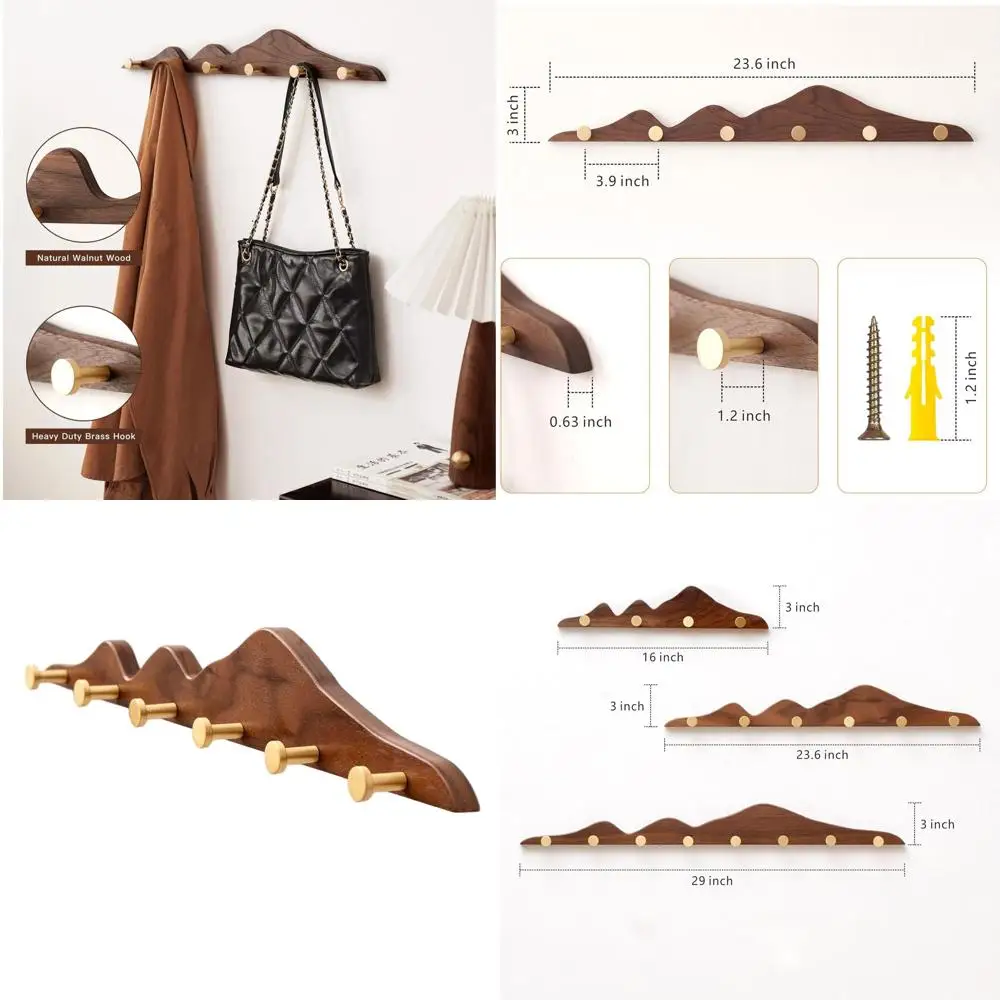 

Настенная деревянная вешалка для одежды с 6 золотыми крючками, 23,6 дюйма, декоративный органайзер для прихожей для пальто, шляп, сумок и полотенец
