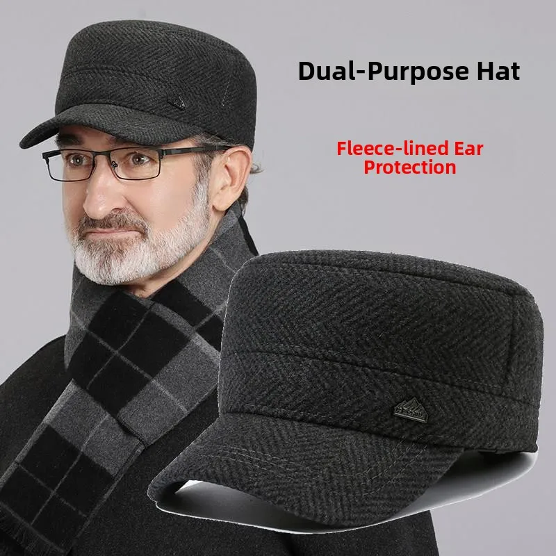 Warm Fleece Lined Flat Top Dad Cap Winter Hat for Middle Aged And Elderly Men Adjustable Short Brim Travel Duckbill Cap