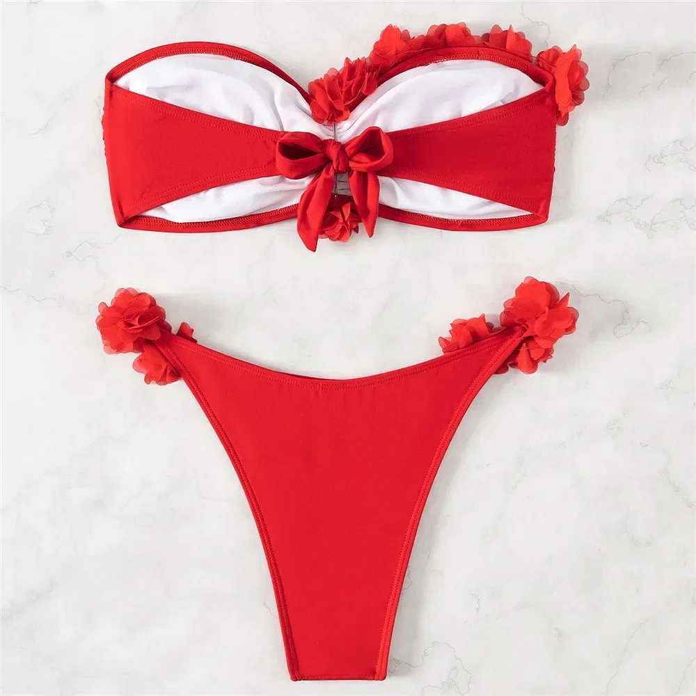 Red Mesh Flower Bandeau Bikinis Sets Sexy Swimsuit Women Thong Swimwear Push Up Bathing Suit Beach Wear Bikini Mujer Biquinis
