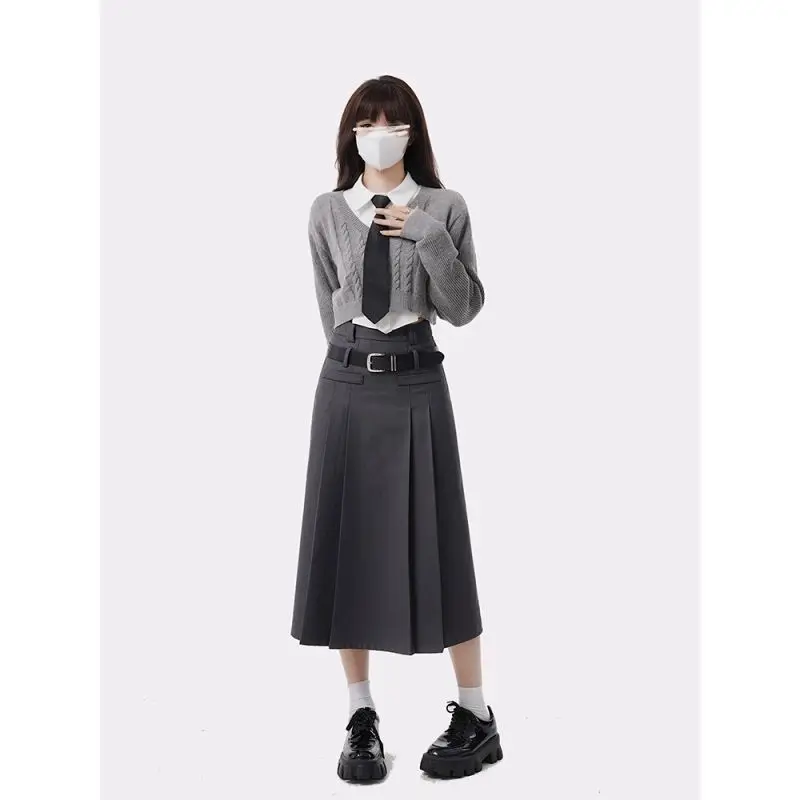 Harajuku Fashion 3 Piece Set Woman Casual Shirt + Short Knitted Sweater + High Waist Grey Midi Skirts Preppy Style Suit 2023