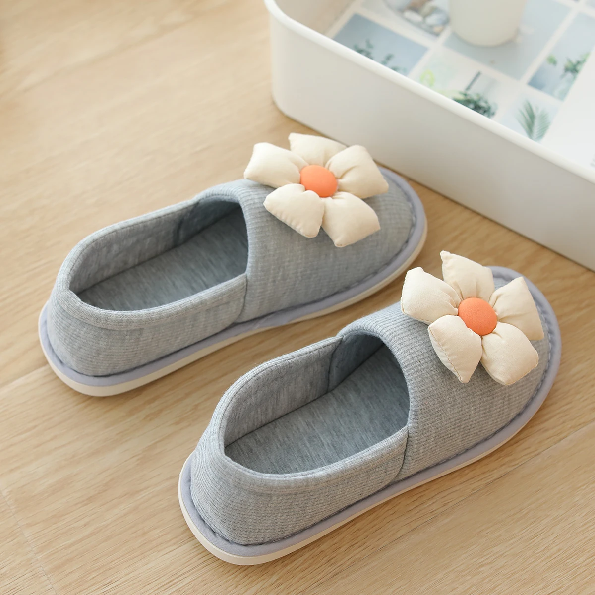 New Styles Soft Cotton Big Flower House Indoor Flats Slipper Four Seasons Slippers For Girl Women Cute Animal Shoes Pink Gray