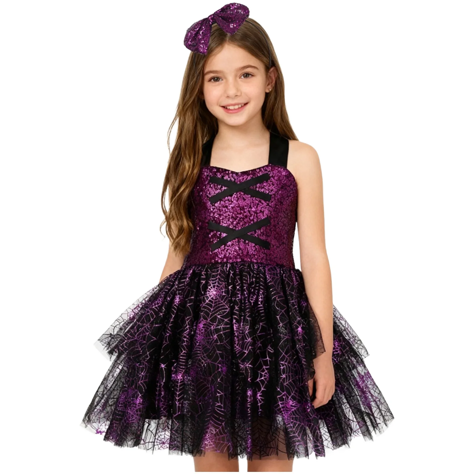 # 1T-11/12 الساحرة تأثيري الترتر الرسن عارية الذراعين توتو فستان مع القوس المتطابقة أغطية الرأس للحفلات تأثيري هالوين الساحرة تحت عنوان #1