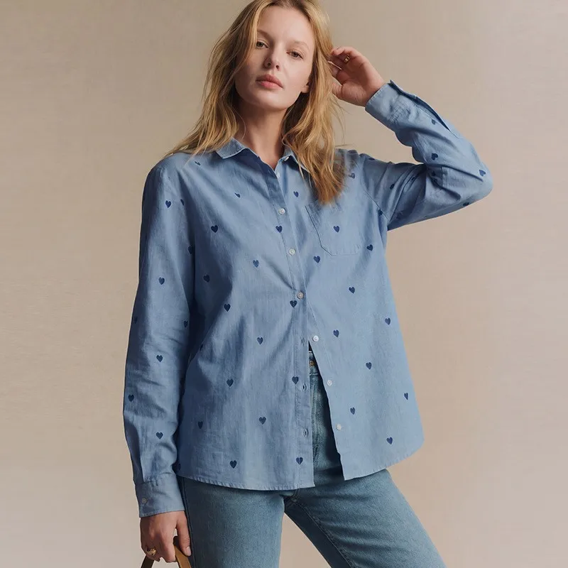 Man Shirt Long Sleeve Light Blue Shirts Men Clothing Heart Print Button Down Shirt Casual Shirt Oversized Fit Turn Collar