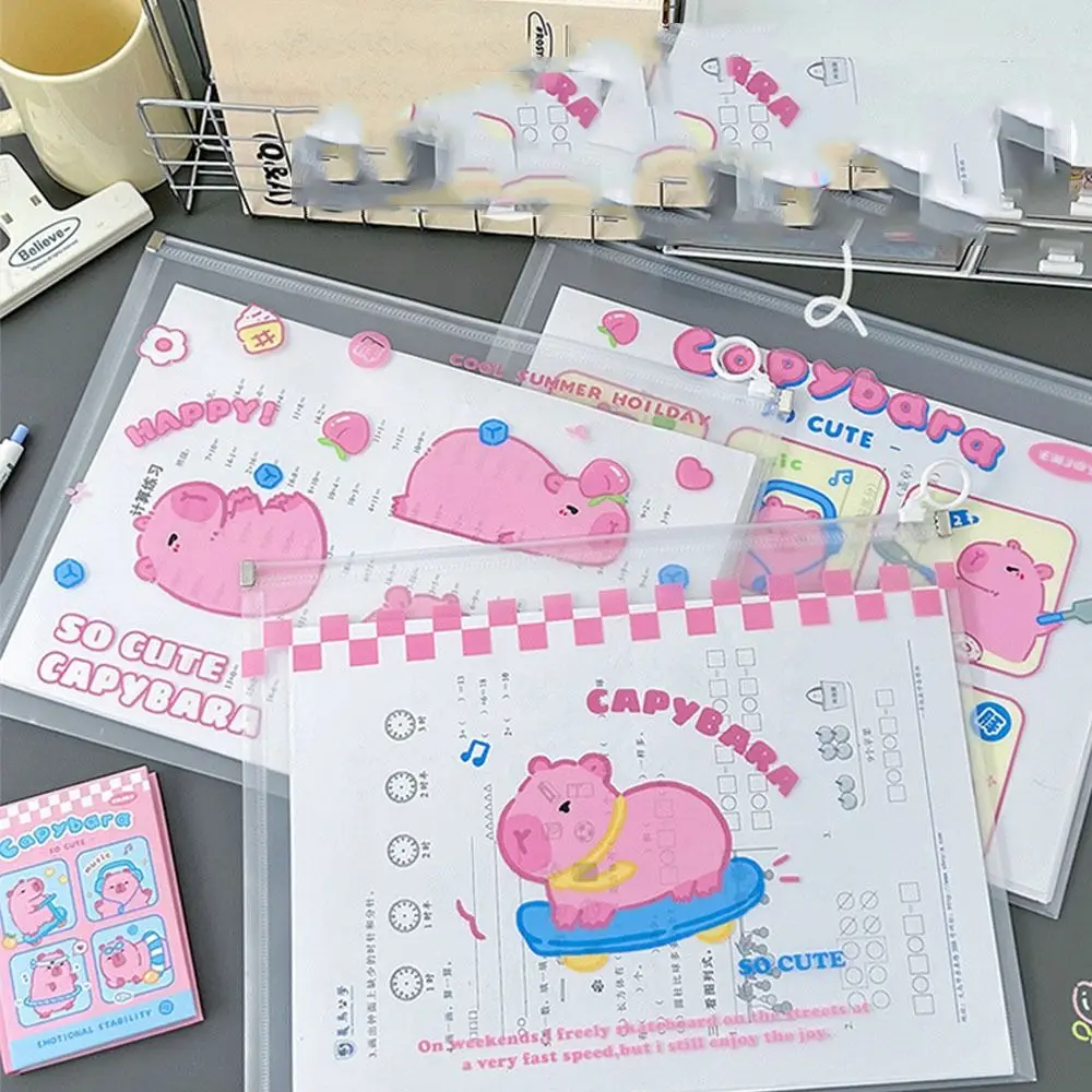 4PCS Large-capacity A4 Capybara Transparent File Bag Waterproof Zipper Students Information Bag Portable Loop Pull