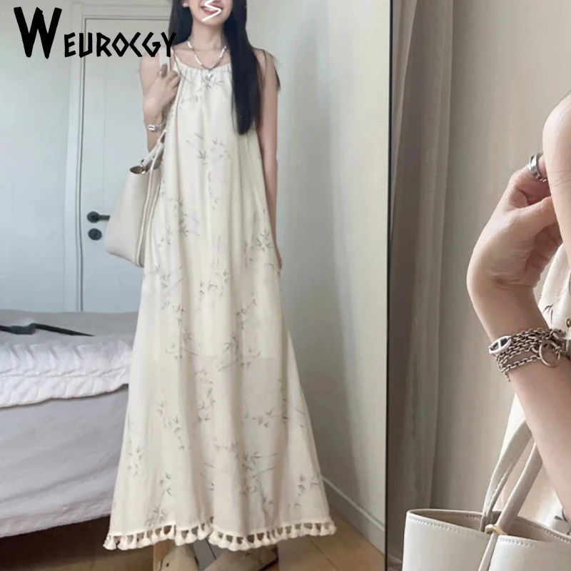 Women Dress 2024 Summer Comfortable New Style Casual Loose French Style Floral Print Sleeveless Strap Sling Long Dresses