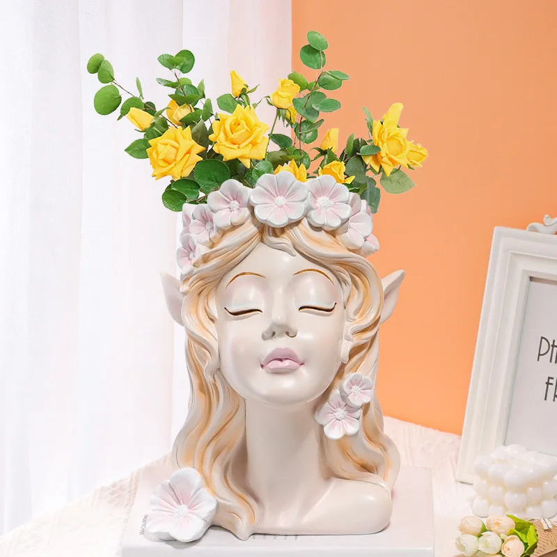 Nordic Resin Vase Flower Fairy Angel Human Head Abstract Half Body  Arrangement Human Face Modern Home Interior Decoration