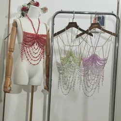 Fashion Hand Stitched Beaded Hollow Backless Pearl Bra Elegant Ladies Sling Vest  Summer Pearl Tops Clothes Y2k Fashion