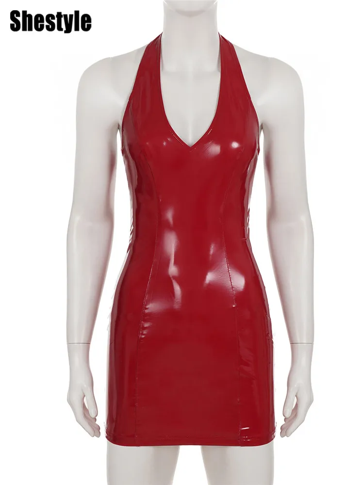 Shestyle Red PU Leather Deep V Neck Women Dress Sexy Clubwear Backless Halter Shine Sheath Mini Bodycon Sleeveless Zipper Hot