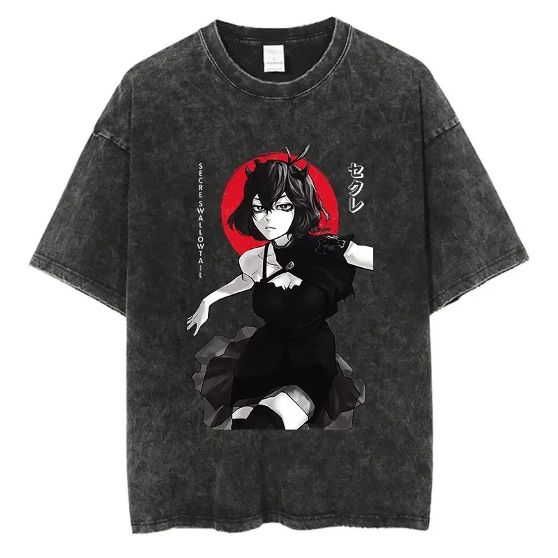 Anime czarna koniczyna sprana koszulka Harajuku Streetwear graficzna koszulka w stylu vintage lato 100% bawełna Hip Hop koszulka z krótkim rękawem