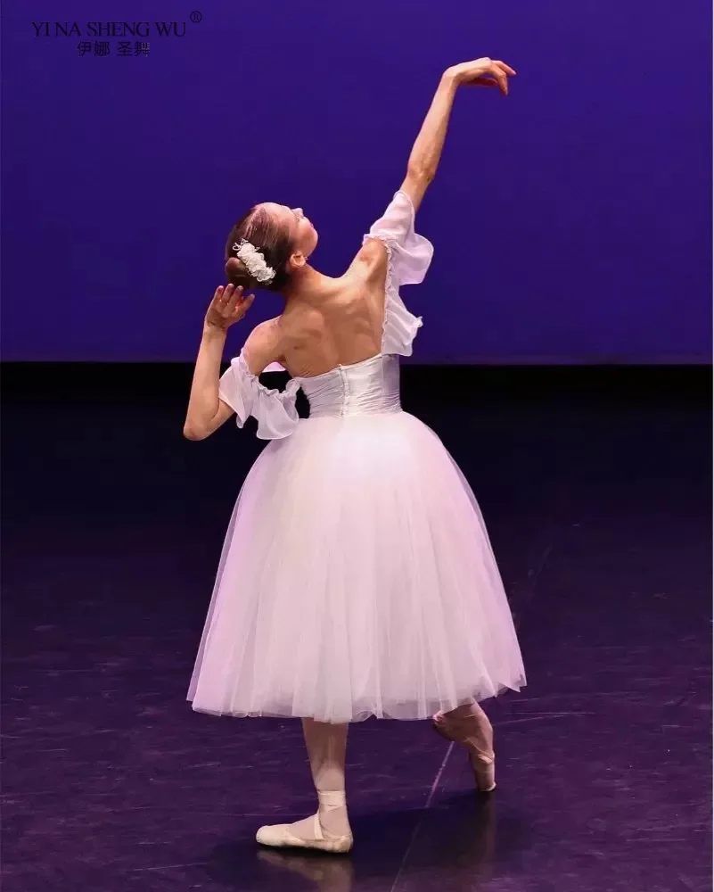 Robe blanche de Ballet fée Giselle pour filles, Version professionnelle de danse flocon de neige avec bouton ouvert, jupe longue en gaze fluide, nouvelle collection