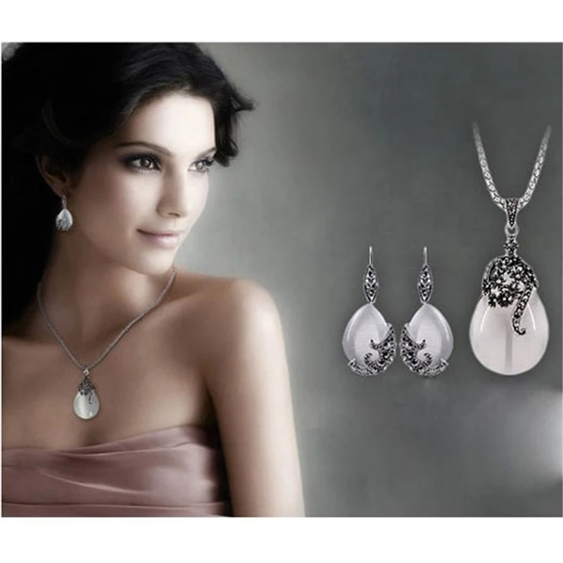 Antique Styles 925 Sterling Silver  Fashion Opal Water Drop Pendants Long Snake Necklaces Drop Earrings Women Jewelry Sets