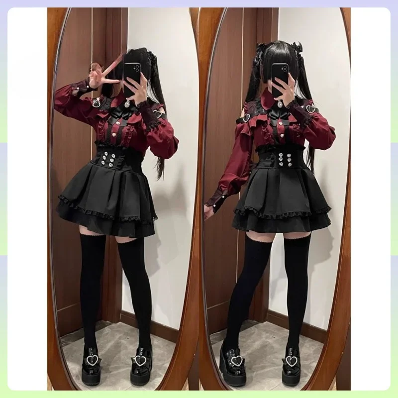 

Jirai Kei Cosplay Gothic Lolita Sweetheart Dress Set Long Sleeves Blouse Pleated Skirt Black White Red Ver for Halloween Party
