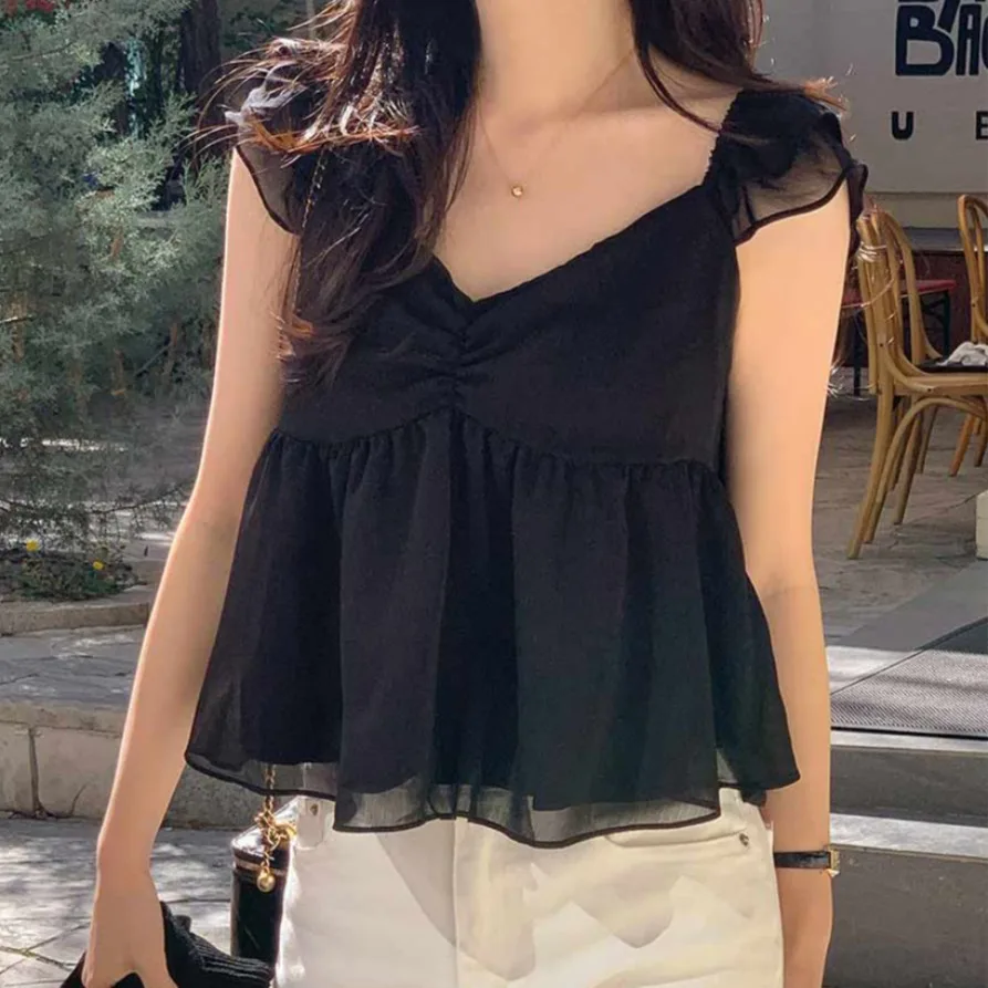 

Summer Gentle Temperament V-Neck Puff Sleeve Chiffon Top Women Loose Doll Shirt Upper Body Korean Style Breathable Light Weight