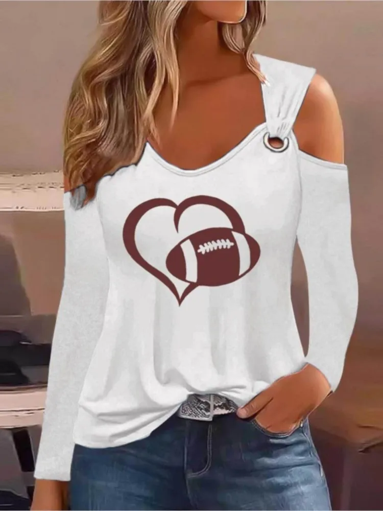 Fashion T Shirt For Women Long Sleeve Sexy Off Shoulder Heart Print Casual Tees Elegant White Shirts & Blouses 2023 New Arrivals