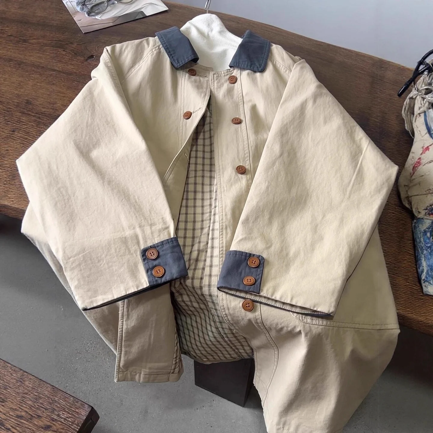 2026 Spring Autumn New Women's Trench Coat Spliced Lapel Mid-length Popular Korean Style Coat Unique Double-breasted Jacket