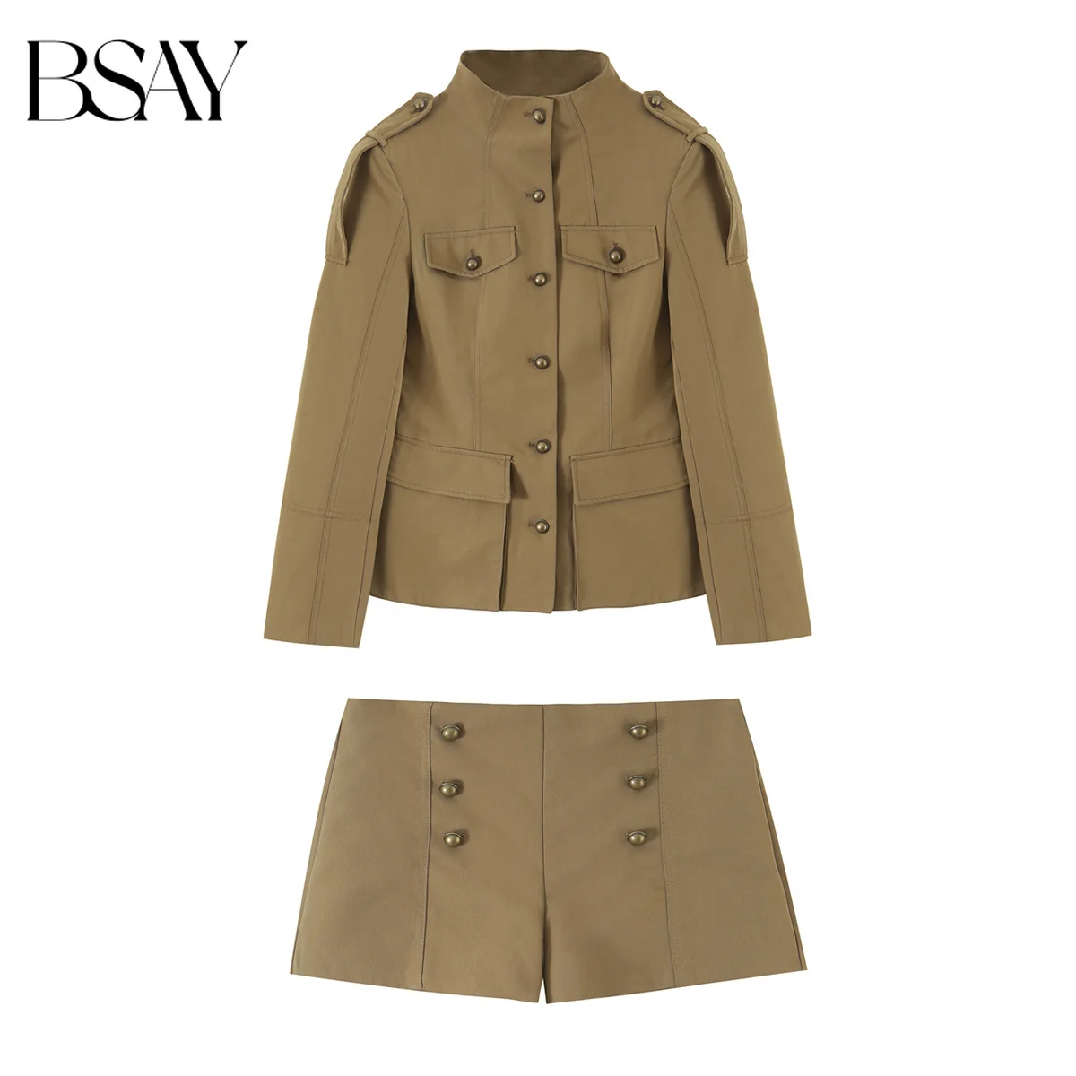 BSAY Herbst Damen Militärstil 2-teiliges Outfit Stehkragen Taschen Slim Jacke Doppelreihige Twill Mini-Shorts Passende Sets