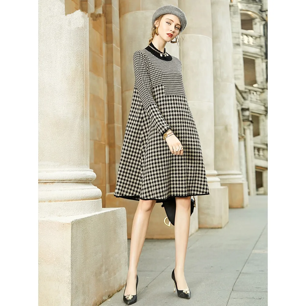 

Women Black Bird Lattice Midi Dress Autumn Winter Thick Warm Korean Vintage Casual 2024 Elegant Bodycon Coat Sweaters