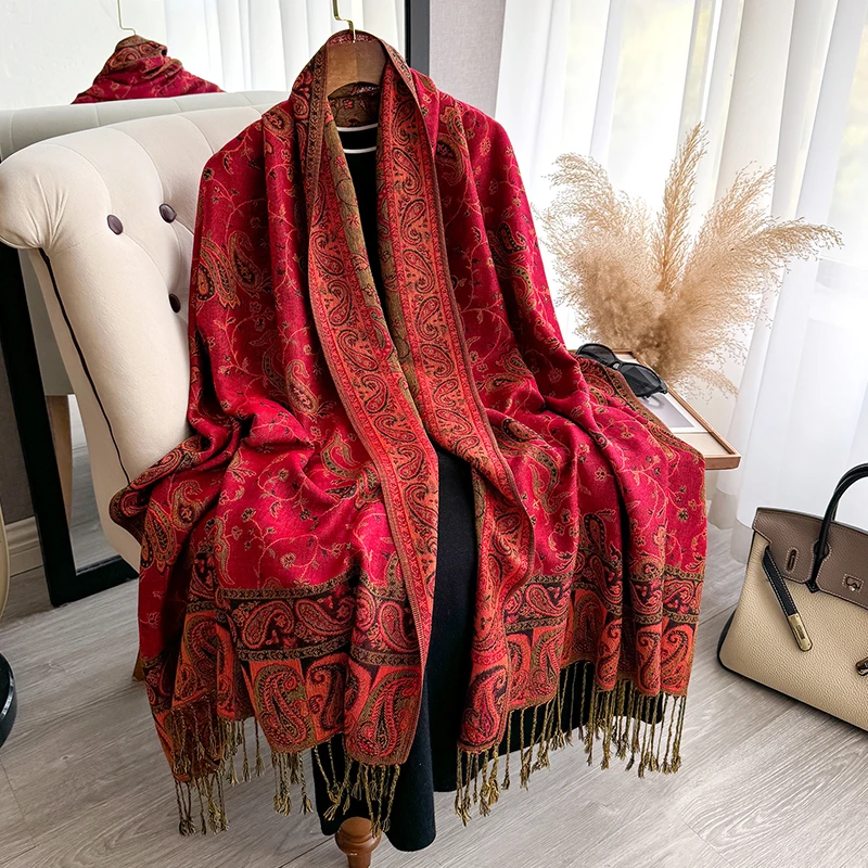 Tassel Blanket Design Thick Pashmina New Winter Warm Shawl Wrap Paisley Pattern Scarf Women Neckerchief Poncho Stoles 2025