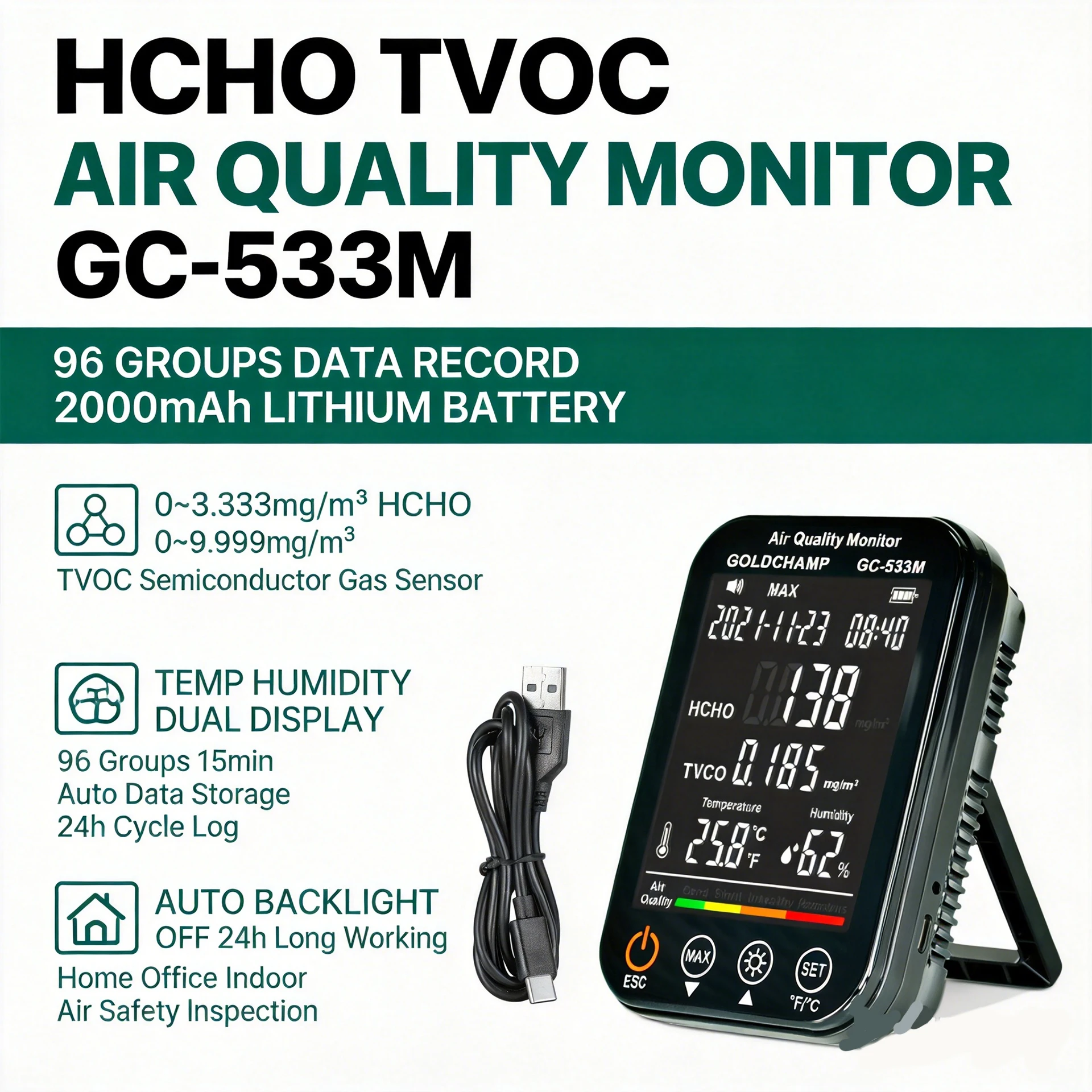 533M HCHO TVOC Air Quality Tester Formaldehyde Detector 0.615mg/m³ 96 Data Logger Temp Humidity Holdpeak