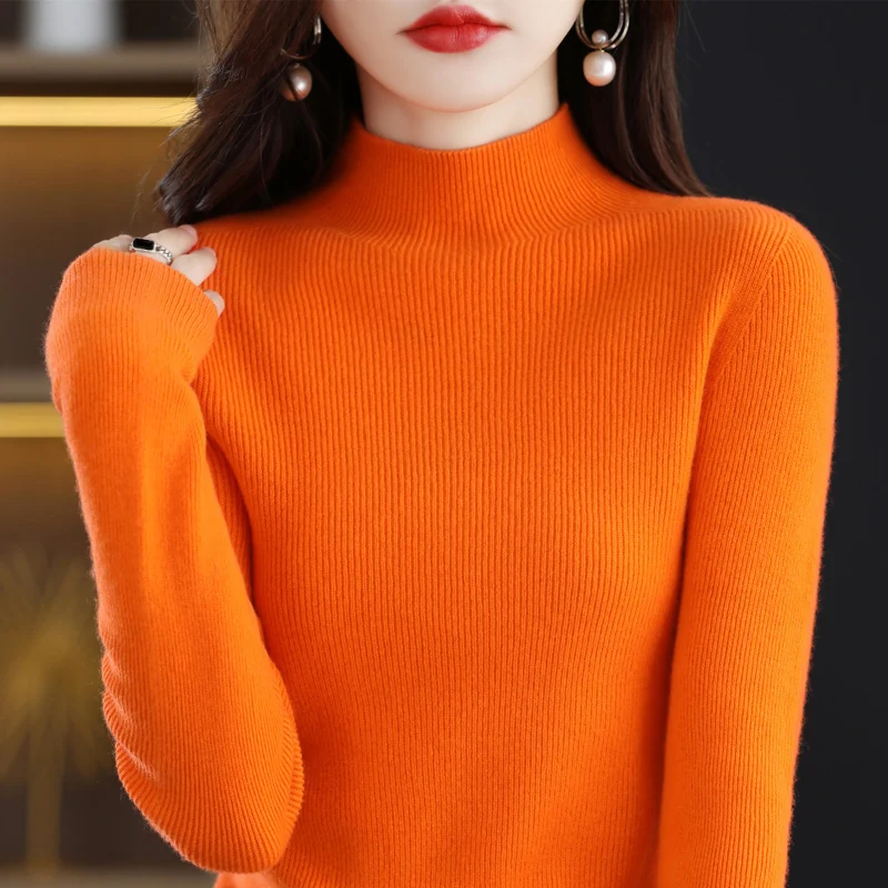 

2025 Fashion New 100% Merino Wool Women's Clothes Mock Neck Bottoming Tight Sweater Cashmere Pullover Women's Basic Sweater